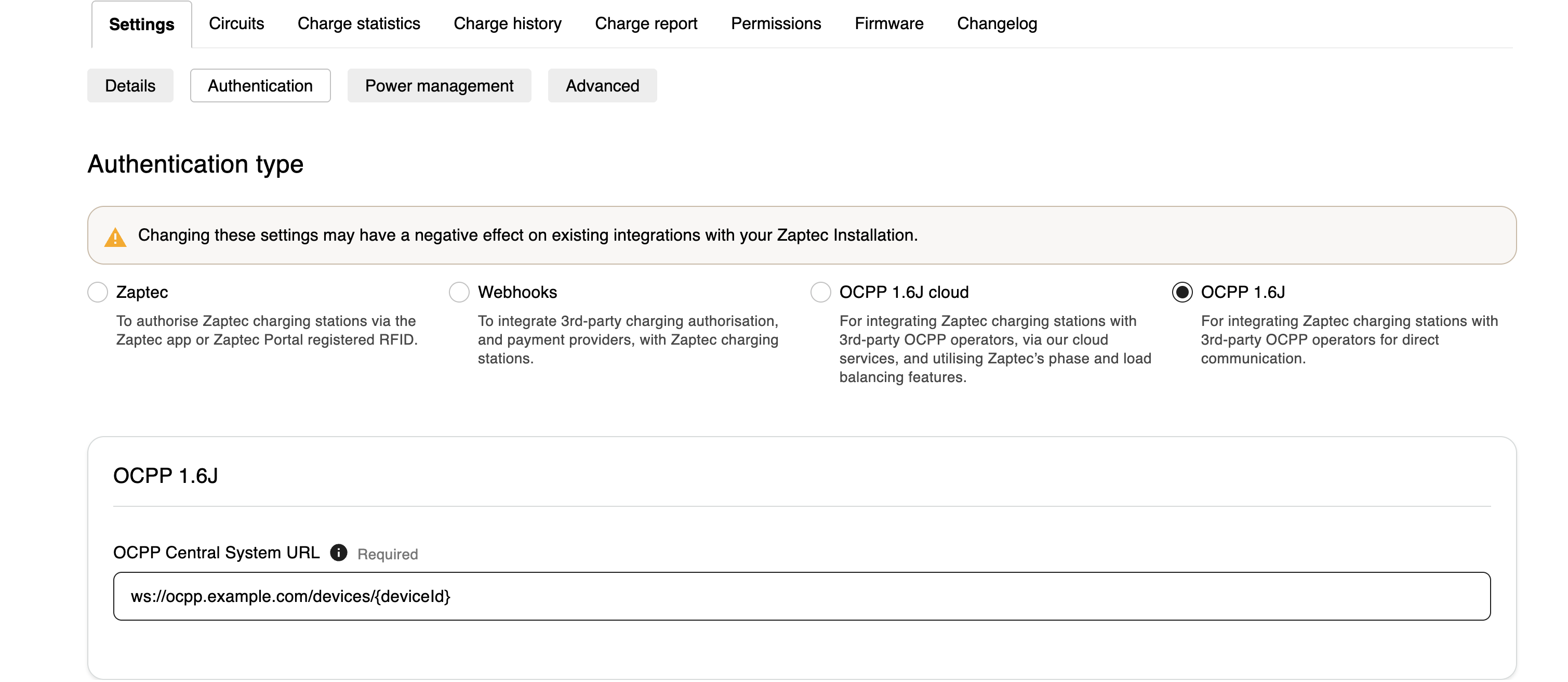 Authentication types of charger in the Zaptec portal